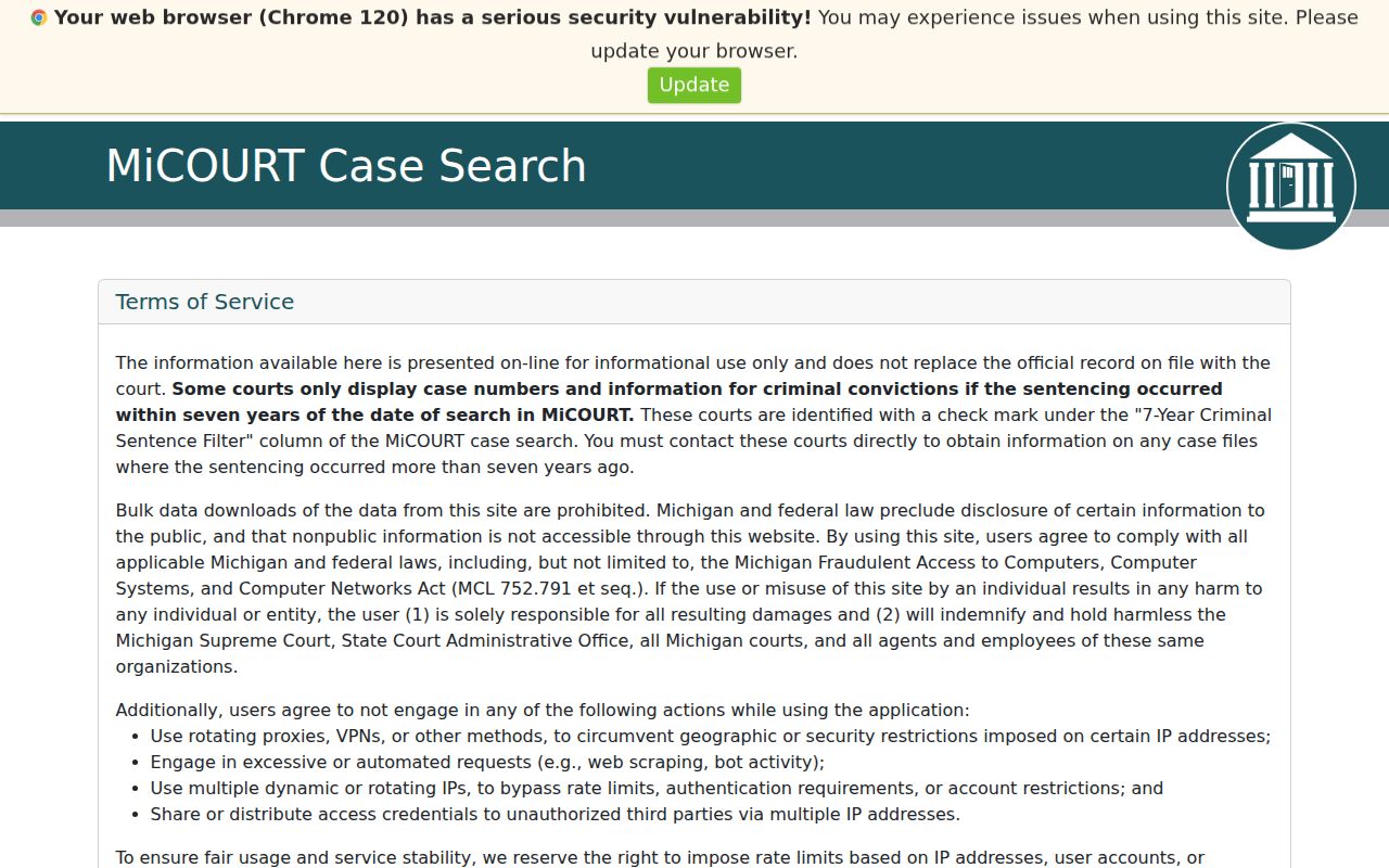White Lake Township resident lookup through the Michigan MiCOURT Case Search interface